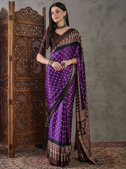 Rajwada Purple And Brown Silk Blend Printed Elegant Saree For Women