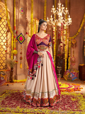 Rajwada Cream Viscose Rayon Embroidered Semi-Stitched lehenga With Stunning Tassels For Women