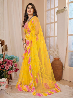 Rajwada Yellow Georgette Plain Saree For Women