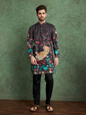 Rajwada Black Rayon Printed and Embroidered Stitched Kurta For Men