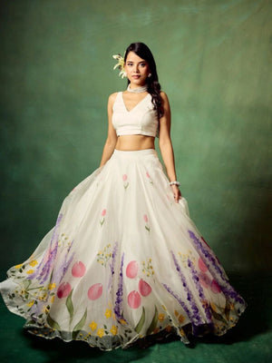 Rajwada White Silk Blend Floral Print Semi Stitched Lehenga For Women