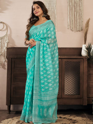 Rajwada Light Blue Cotton Linen Zari Work Saree For Women