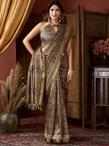 Rajwada Olive Silk Blend Printed Saree For Women