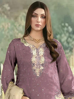 Rajwada Purple Silk Blend Embellished Semi Stitched Kurta Set For Women