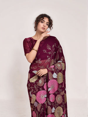 Rajwada Wine Georgette Embellished Saree For Women