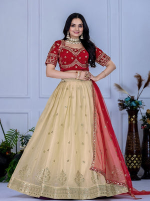 Rajwada Cream Organza Embroidered Semi-Stitched lehenga For Women