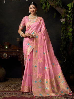 Rajwada Light Pink Silk Blend Solid Saree For Women