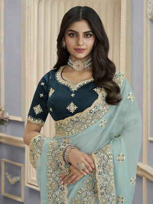 Rajwada Sea Green Georgette Embellished Elegant Saree For Women