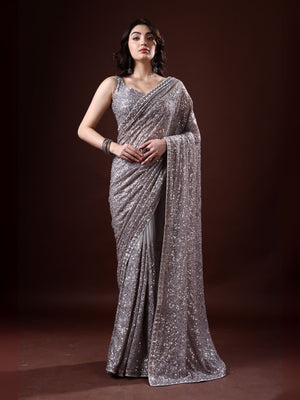 Rajwada Grey Georgette Sequin Elegant Saree For Women