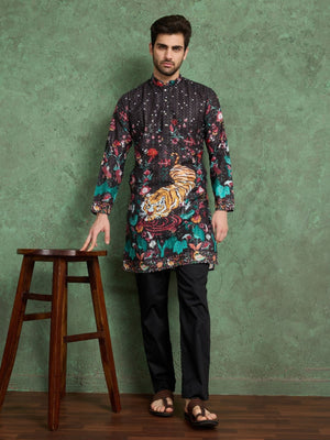 Rajwada Black Rayon Printed and Embroidered Stitched Kurta For Men