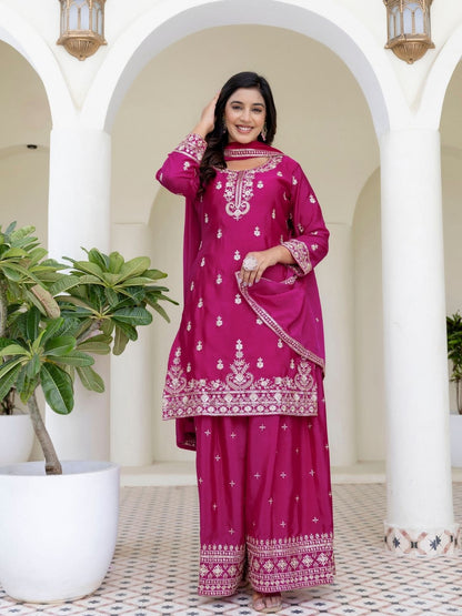 Rajwada Pink Chiffon Embroidered Stitched Kurta Set For Women
