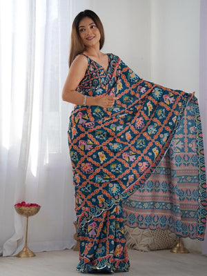 Rajwada Multicolor Silk Blend Floral Print & Cutwork Saree For Women