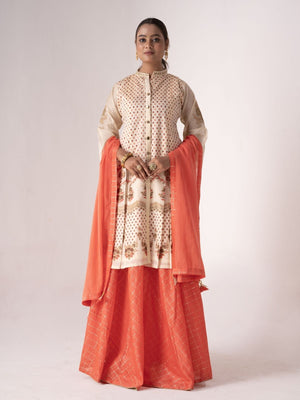Rajwada Off White Art Silk Printed And Embroidered Sharara Style Semi-Stitched Kurta Set For Women