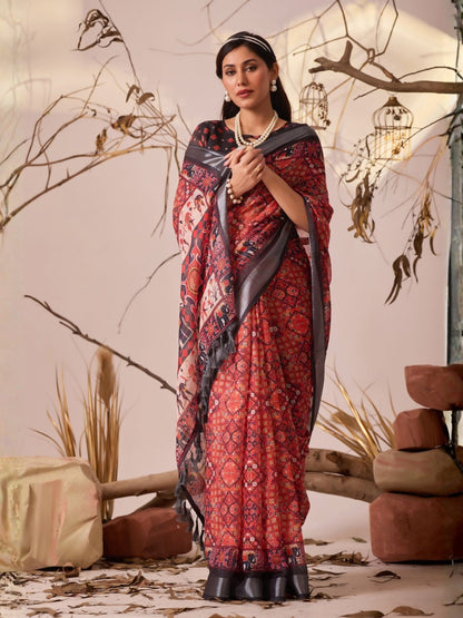 Rajwada Black And Red Linen Cotton Printed Saree For Women