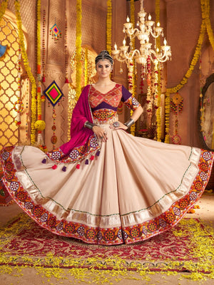 Rajwada Cream Viscose Rayon Embroidered Semi-Stitched lehenga With Stunning Tassels For Women
