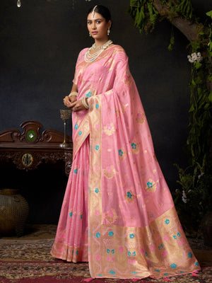 Rajwada Light Pink Silk Blend Solid Saree For Women