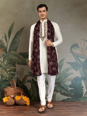Rajwada White Viscose Rayon Embroidered Stitched Kurta For Men