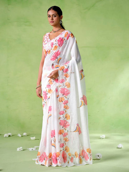 Rajwada White Cotton Linen Solid Printed Saree For Women