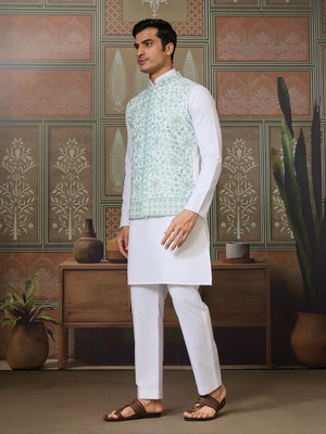 Rajwada White Silk Blend Plain Stitched Kurta Set For Men