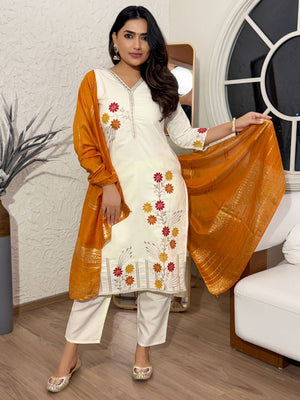 Rajwada White Cotton Embriodered Stitched Kurta Set For Women