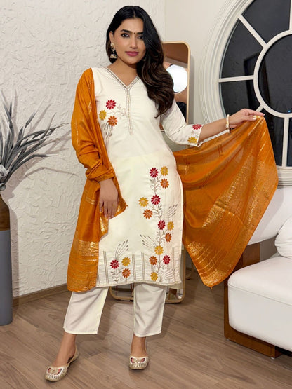 Rajwada White Cotton Embriodered Stitched Kurta Set For Women