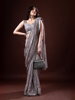 Rajwada Grey Georgette Sequin Elegant Saree For Women