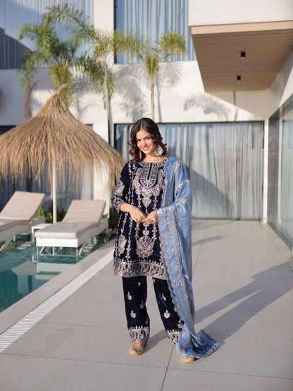 Rajwada Navy Blue Velvet Embellished Kurta Set For Women
