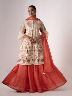 Rajwada Off White Art Silk Printed And Embroidered Sharara Style Semi-Stitched Kurta Set For Women