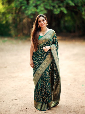 Rajwada Dark Green Silk Blend Woven Saree For Women