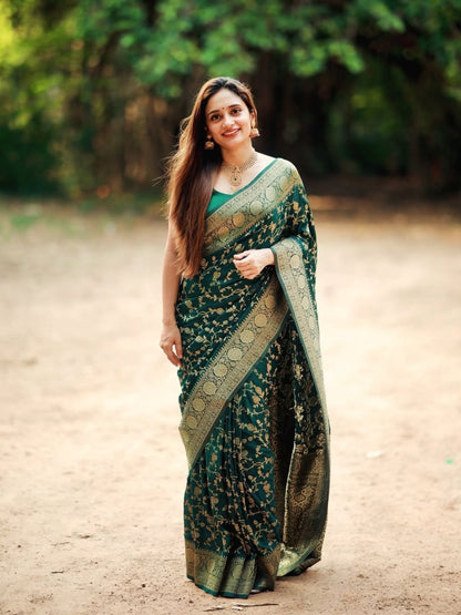 Rajwada Dark Green Silk Blend Woven Saree For Women
