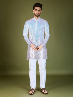 Rajwada Blue Georgette Embellished Stitched Kurta For Men