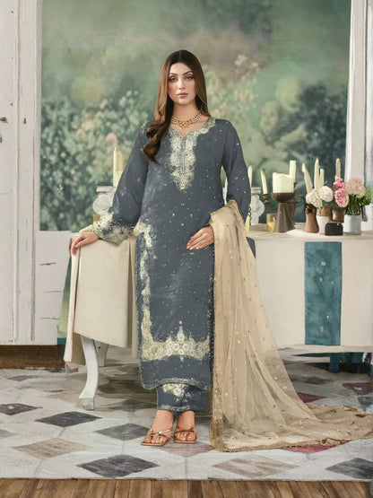 Rajwada Grey Silk Blend Embellished Semi Stitched Kurta Set For Women