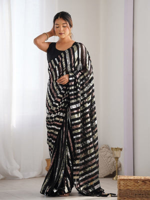 Rajwada Black Georgette Sequins Saree With Unstitched Blouse For Women