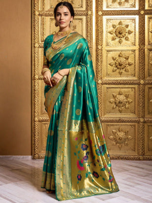 Rajwada Teal Green Silk Blend Woven Pithani Saree For Women