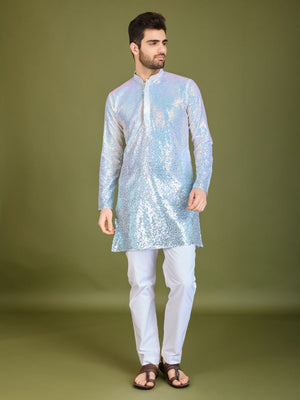 Rajwada Blue Georgette Embellished Stitched Kurta For Men