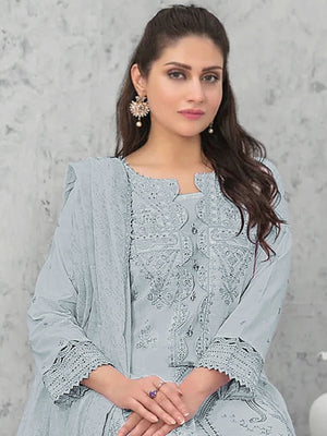 Rajwada Sky Blue Cotton Blend Embroidered Semi Stitched Kurta Set For Women