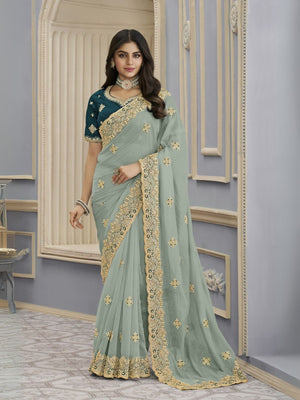 Rajwada Dusty Green Georgette Embellished Elegant Saree For Women
