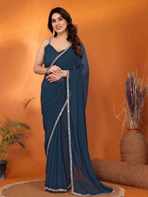 Rajwada Blue Georgette Plain Saree With Unstitched Blouse For Women