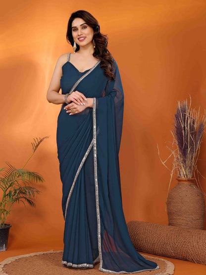 Rajwada Blue Georgette Plain Saree With Unstitched Blouse For Women
