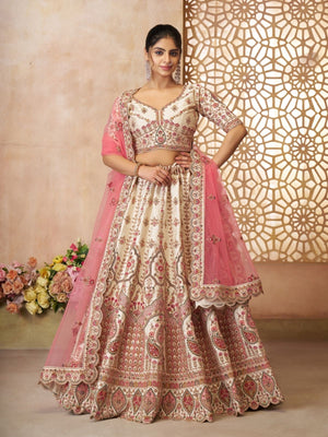Rajwada Off White Silk Blend Embroidered Semi-Stitched Lehenga For Women