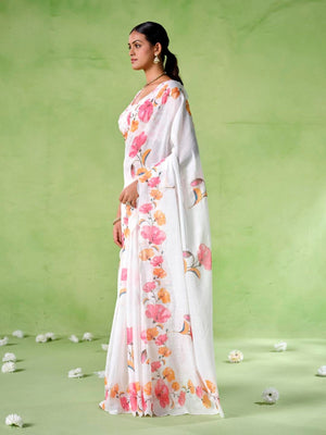 Rajwada White Cotton Linen Solid Printed Saree For Women