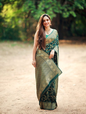 Rajwada Dark Green Silk Blend Woven Saree For Women