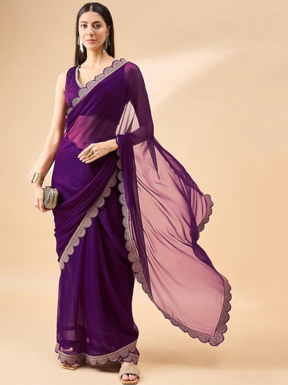 Rajwada Purple Georgette Embroidered Saree For Women