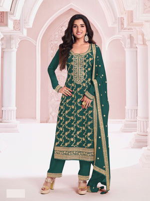 Rajwada Teal Cotton Blend Embroidered Semi-Stitched Kurta Set For Women