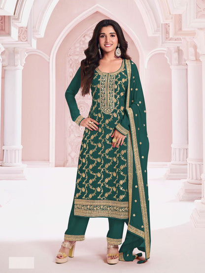 Rajwada Teal Cotton Blend Embroidered Semi-Stitched Kurta Set For Women