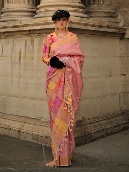 Rajwada Peach Soft Silk Woven Saree With Unstitched Blouse For Women