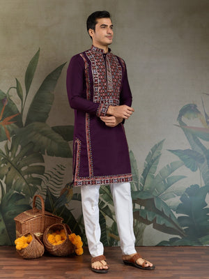 Rajwada Purple Viscose Silk Embroidered Stitched Kurta For Men