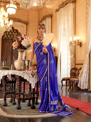 Rajwada Royal Blue Silk Blend Woven Saree With Unstitched Blouse For Women