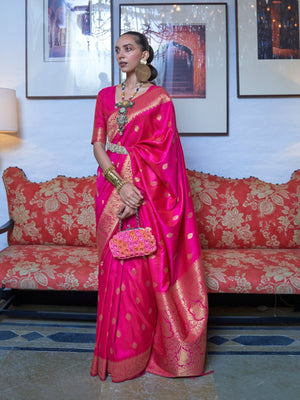 Rajwada Pink Silk Blend Woven Saree With Unstitched Blouse for Women