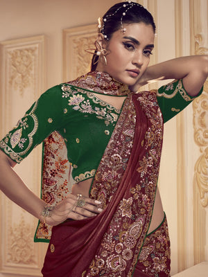 Rajwada Maroon Satin Embroidered Elegant Saree For Women